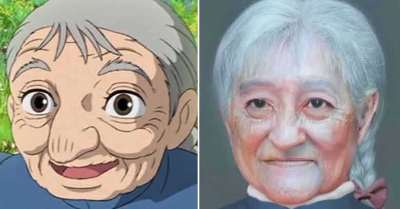 ‘하울의 움직이는 성’의 여자주인공 ‘소피’가 저주에 걸려서 노년이 된 모습(왼쪽). 오른쪽은 사람의 형상으로 구현된 모습. [유튜브 캡처]