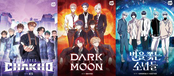 BTS의 '세븐 페이츠: 착호(7FATES: CHAKHO)', 엔하이픈의 '다크 문(DARK MOON): 달의 제단', 투모로우바이투게더의 '별을 쫓는 소년들' [사진 네이버 웹툰]