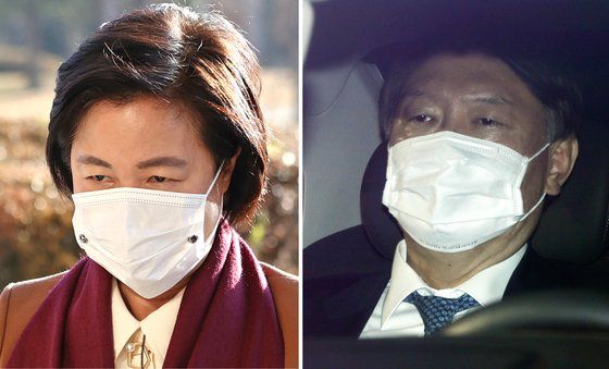 헌정 사상 초유의 검찰총장 징계 청구 및 직무배제로 극한 갈등을 겪었던 추미애 당시 법무부 장관과 윤석열 당시 검찰총장. 연합뉴스