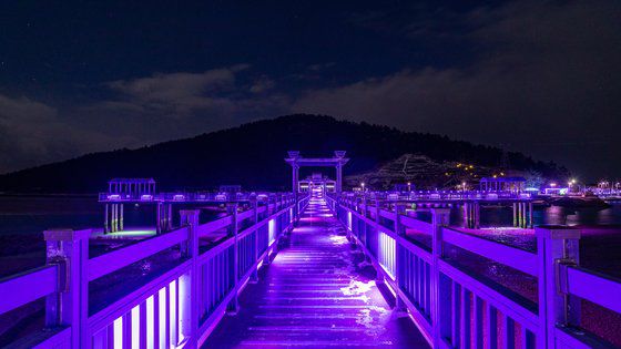 퍼플교는 저녁에도 건너 봐야 한다. 해가 진 뒤 보랏빛 조명이 다리를 비춘다. 백종현 기자