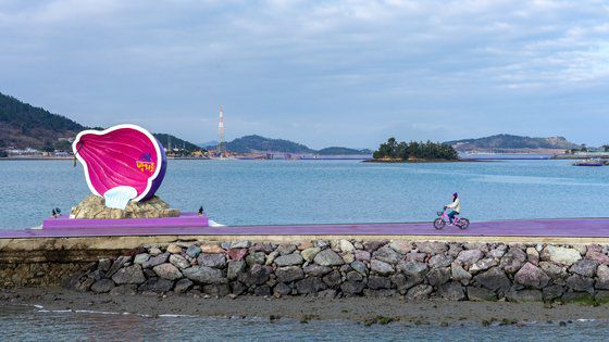 보랏빛 전기자동차를 타고 박지도 부둣가를 달리는 관광객의 모습.