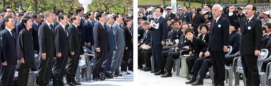 2017년 5월18일 5.18 민주화운동 기념식에서 문재인 대통령이 참석자들과 함께 ‘님을 위한 행진곡’을 제창하고 있다(왼쪽) 오른쪽 사진은 2013년 기념식에서 ‘님을 위한 행진곡’ 합창 순서에서 김한길 전 민주당 대표, 노회찬 전 진보정의당 대표, 강운태 전 광주시장 등이 자리에서 일어나 제창하자 박근혜 전 대통령이 어색한 표정으로 일어나는 모습. 연합뉴스