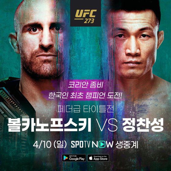 ‘코리언 좀비’ 정찬성이 UFC 페더급 챔피언 볼카노프스키를 상대로 한국인 첫 챔피언에 도전한다. [사진 커넥티비티]