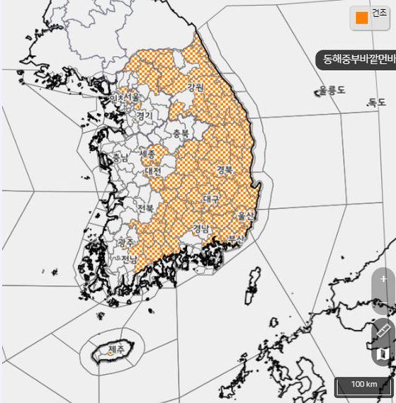 18일 오전 10시 기준 전국에 내려진 건조 특보 현황. 자료 기상청