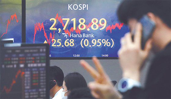 코스피가 3거래일 만에 상승한 19일 서울 중구 을지로 하나은행 딜링룸 모니터에 지수가 표시돼 있다. 이날 코스피는 전날보다 25.68포인트(0.95%) 오른 2,718.89에 장을 마쳤다. [뉴시스]