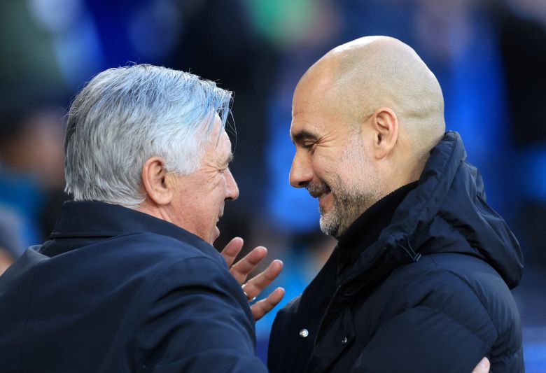맨시티 과르디올라(오른쪽) 감독과 안첼로티 레알 마드리드 감독. [로이터=연합뉴스]