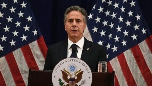 5일(현지시간) 캄보디아 프놈펜에서 토니 블링컨 미국 국무장관이 제55회 아세안(ASEAN·동남아국가연합) 외교장관회의에 참석한 뒤 기자회견을 하고 있다. AFP=연합뉴스