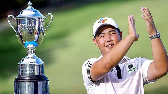 김주형이 지난 8일 윈덤 챔피언십에서 우승한 후 기뻐하고 있다. USA TODAY=연합뉴스