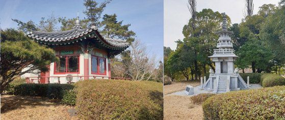 일본 코마 골프장에 있는 한옥 그늘집(왼쪽)과 다보탑. [중앙포토]