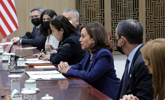 윤석열 대통령이 29일 대통령실 청사에서 카멀라 해리스 미국 부통령을 접견한 가운데 해리스 미국 부통령이 발언하고 있다. 대통령실사진기자단