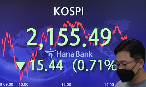 지난달 30일 오후 서울 중구 하나은행 본점 딜링룸의 현황판. 이날 코스피는 장중 2134.77까지 떨어지며 28일 기록한 장중 연저점(2151.60)을 경신했다. [연합뉴스]