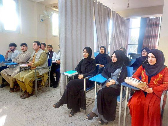 지난해 9월 6일 (현지시간) 아프가니스탄 수도 카불의 아비세나 대학 강의실에서 남녀 대학생들이 교실 한가운데 쳐진 커튼 양쪽으로 성별에 따라 분리된 채 수업을 듣고 있다. 로이터