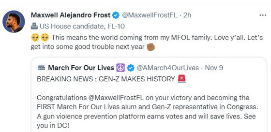 맥스웰 프로스트(25)가 9일(현지시간) 총기규제단체 ‘우리 생명을 위한 행진’(March for our lives)이 남긴 트위터에 화답했다. 사진 프로스트 트위터 캡처