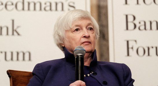 지난달 4일(현지시간) 미국 워싱턴에서 재닛 옐런 미국 재무장관이 프리드먼 은행 연례 포럼에 참석해 발언하고 있다. 로이터=뉴스1
