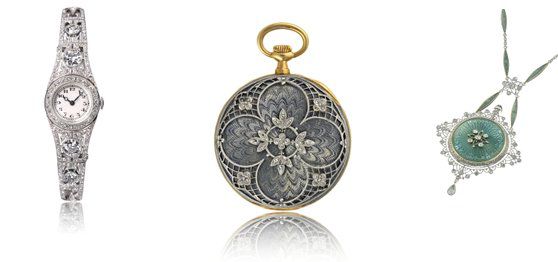 바쉐론 콘스탄틴의 여성 헤리티지 워치들. 왼쪽부터 브레이슬릿까지 레이스 모티프를 활용한 1918년작 브로치 워치 Ref. 10668, 1909년에 만든 포켓 워치 Ref. 10466, 1910년에 출시한 팬던트 워치 Ref. 10184. 사진 바쉐론 콘스탄틴