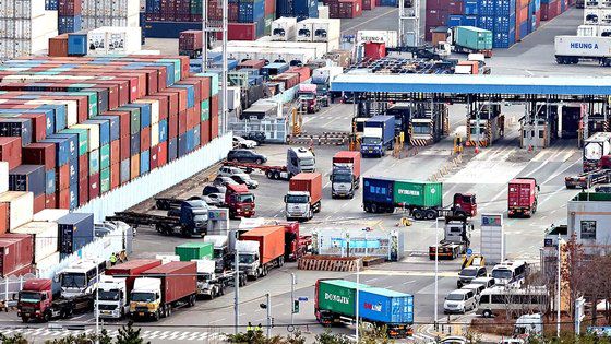 민주노총 공공운수노조 화물연대본부가 집단 운송 거부를 철회한 9일 오후 부산 남구 신선대부두 일대에서 화물차들이 분주히 움직이고 있다. 송봉근 기자