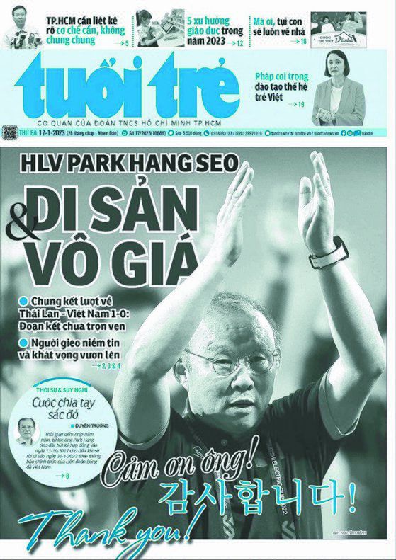 베트남 유력 언론사 뚜오이쩨가 박항서 감독과의 작별을 아쉬워하는 내용의 기사를 1면에 게재했다. 사진 뚜오이쩨 홈페이지
