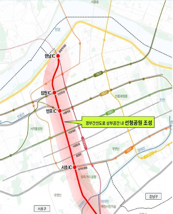 서울 서초구 경부간선도로 상부공간 활용구상 대상지. [사진 서울시]