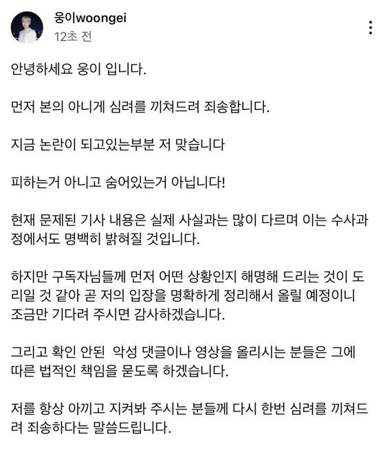 사진 웅이 유튜브 채널 캡처