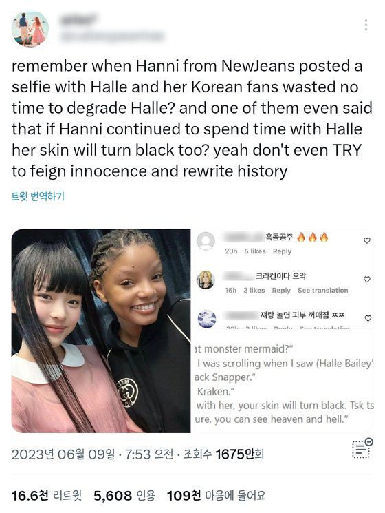 지난 9일 해외 SNS 이용자들 사이에서는 뉴진스 하니가 SNS에 올린 할리 베일리와의 셀카에 국내 누리꾼들이 단 인종차별 악플이 번역되며 논란이 일었다. 사진 트위터 캡처