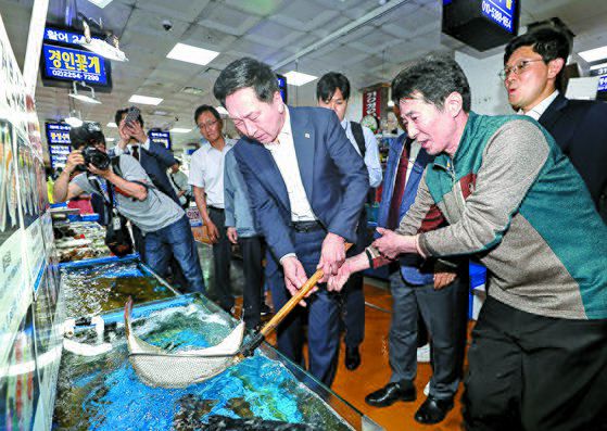 국민의힘 김기현 대표가 15일 오후 서울 동작구 노량진수산시장을 방문해 뜰채로 광어를 들고 있다. 연합뉴스