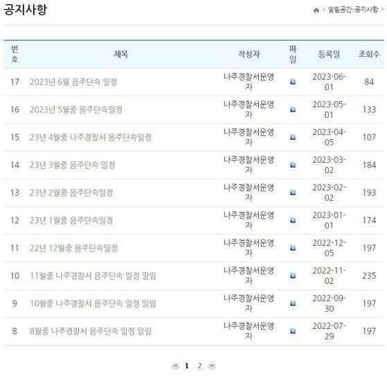 전남 나주경찰서가 누리집 공지사항을 통해 매달 음주단속 일정을 게시하며 음주운전 예방 홍보활동을 펼치고 있다. [나주경찰서 누리집 캡처]