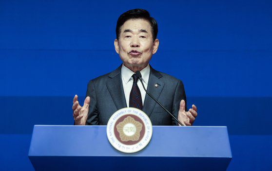 김진표 국회의장이 4일 오전 서울 여의도 국회 사랑재에서 취임 1주년 기자간담회를 열고 모두발언을 하고 있다. 김성룡 기자/ 2023.07.04