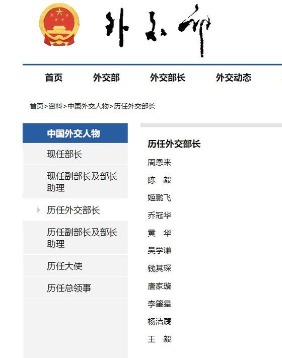 중국 외교부 사이트 역대 외교부장 페이지에 친강 전 부장의 이름이 보이지 않는다. 중국외교부사이트 캡쳐