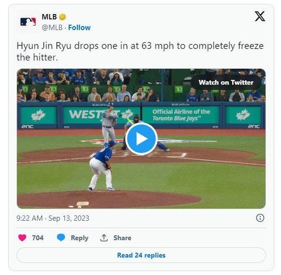 류현진의 느린 커브에 감탄사를 쏟아낸 MLB 닷컴. MLB닷컴 SNS 캡처