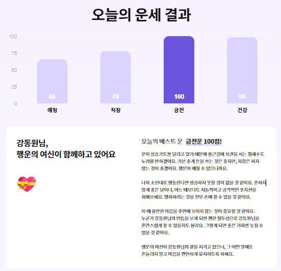 '오늘의 베스트 운'을 확인할 수 있는 운세 결과 페이지. 사진 중앙일보 캡처