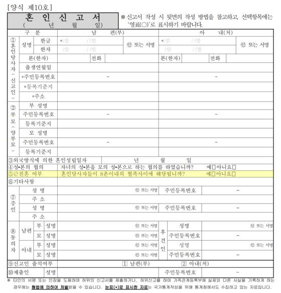 혼인신고서 양식은 ‘8촌 이내 근친혼 여부’에 대해 당사자가 ‘예’ 또는 ‘아니오’로 표시하도록 되어 있다. 사진 법원 전자민원센터