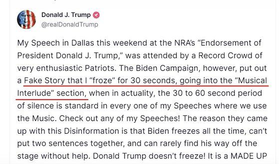트럼프 전 대통령은 20일(현지시간) 자신의 SNS에 바이든 측이 제기하는 자신의 '30초 얼음' 논란과 관련 ″간주(musical Interlude) 섹션에서 30~60초간 침묵하는 것이 내 연설의 표준”이라고 반박했다. 트럼프 SNS