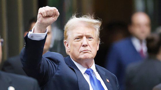 도널드 트럼프 전 미국 대통령이 30일(현지시간) 뉴욕 맨해튼형사법원 배심원단으로부터 ‘성추문 입막음’ 혐의에 대한 유죄 평결을 받은 뒤 트럼프타워 앞에 도착하면서 취재진을 향해 주먹을 들어 보이고 있다. EPA=연합뉴스