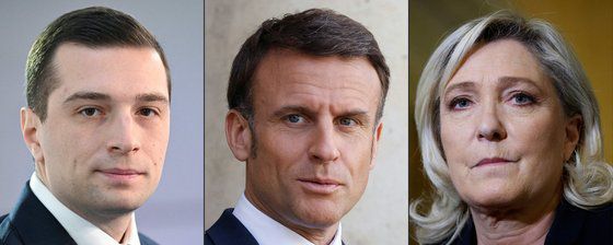 왼쪽부터 조르당 바르델라 RN 대표, 마크롱 대통령, RN을 이끌어온 마린 르펜. AFP=연합뉴스