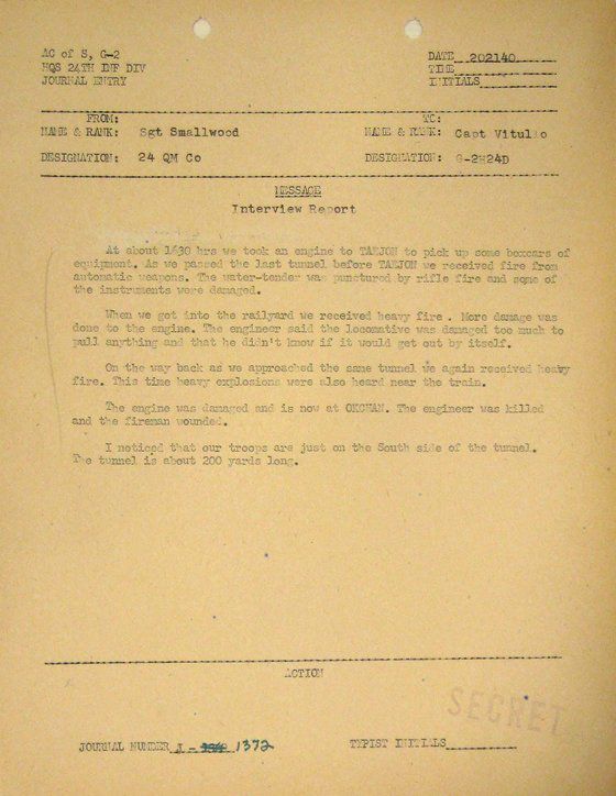 미국 육군 제24보병사단 정보참모부(G-2)의 엘모 스몰우드 하사 인터뷰 보고서. 독자제공