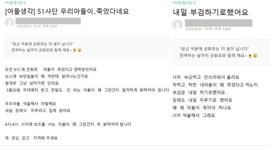 자신을 숨진 A 일병의 부모라고 밝힌 B씨의 글. 사진 카페