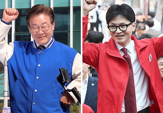 3월 27일 당시 충북 청주를 방문해 시민과 인사를 나누는 이재명 민주당 대표(왼쪽 사진)와 인천에서 대학생과 만난 한동훈 국민의힘 비상대책위원장 겸 총괄선대위원장. 전민규 기자, [뉴시스]