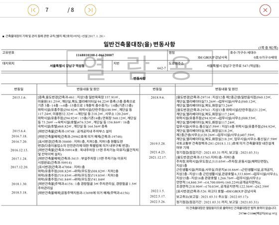 SM그룹 강남사옥의 건축물대장. 특별법을 적용해 건물을 증축한 내용과 호텔에서 업무시설로 용도변경 된 내용 등이 명시돼 있다. 자료 법무부