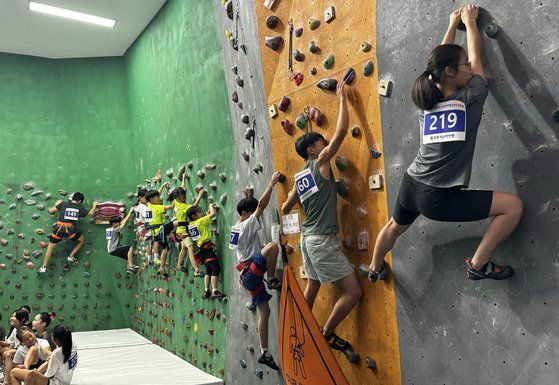 지난 9월 7일 전북 남원시 춘향골체육공원에서 열린 남원시장배 전국동호인 스포츠클라이밍대회에서 이명부(57)씨가 온 힘을 쓰며 등반하고 있다. [사진 김주운]