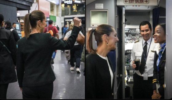 지난 17일 민항기를 탄 셰인바움의 모습. 사진 X 캡처