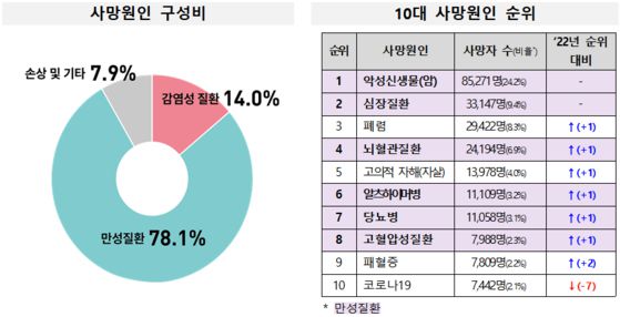 지난해 사망원인 구성(왼쪽)과 10대 사망원인 순위(오른쪽). 자료 질병관리청