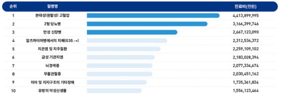 만성질환 중 단일 질환별 진료비(지난해 기준) 순위. 자료 질병관리청