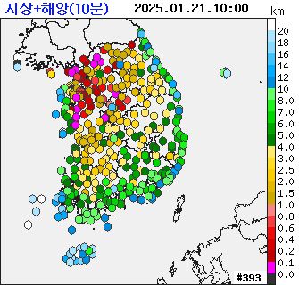 21일 오전 10시 전국 안개 현황. 짙은 붉은색과 보라색 영역이 가시거리가 200m 미만 짙은 안개가 낀 지역이다. 사진 기상청