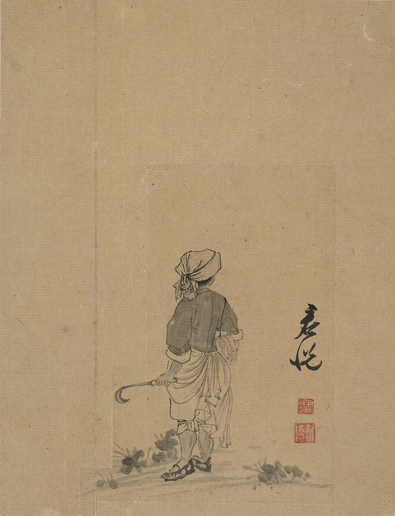 윤용(1708~40)의 '협롱채춘: 나물 바구니 끼고 봄을 캐다'은 생략된 배경 속 여인의 뒷모습이 눈길을 끈다. 사진 간송미술문화재단