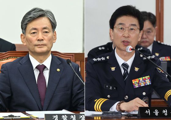 비상계엄 사태 관련 내란중요임무종사 등 혐의로 구속기소된 조지호(왼쪽) 경찰청장과 김봉식 서울경찰청장. 뉴시스