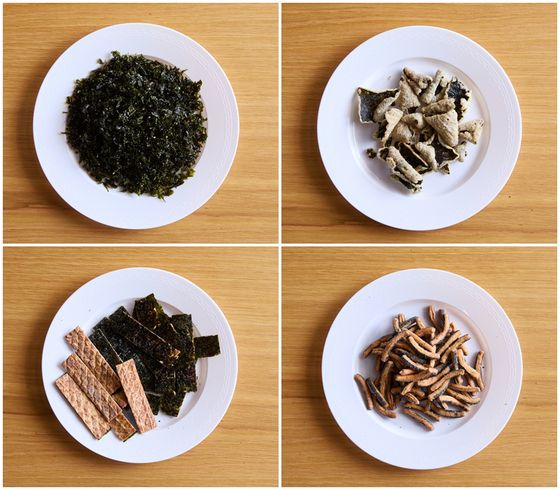 김은 흔히 아는 사각형 형태 외에도 다양하게 가공할 수 있다. 왼쪽 위에서 시계방향으로 김자반·김부각·김스낵·김어포.