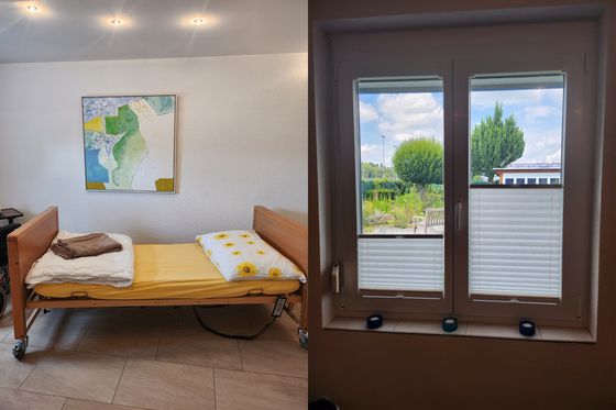 남유하 작가의 어머니는 2023년 8월 3일 스위스 디그니타스의 블루하우스에서 안락사했다. 그의 어머니가 생을 마감한 침대와 마지막으로 본 창밖 풍경. 사진 남유하 작가