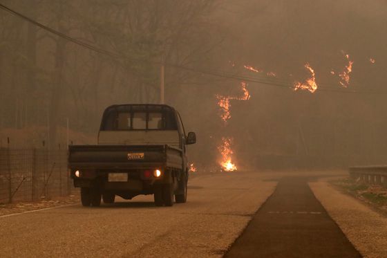 경북 의성군 대형 산불 발생 이틀째인 지난 23일 의성군 산불 현장 인근 마을에서 주민들이 대피 준비를 하고 있다. 연합뉴스