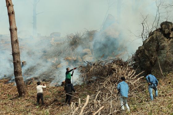 26일 오후 경남 산청군 시천면 산불 현장에서 진화대원들이 방어선을 구축하고 있다. 연합뉴스