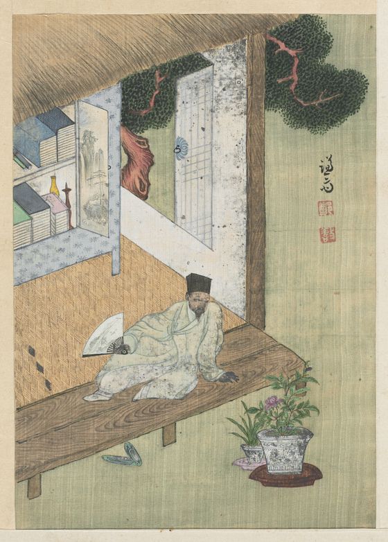 '경교명승첩' 속 '독서여가도'는 겸재의 자화상으로 읽힌다. 툇마루에 편안히 나앉은 선비가 청화백자 화분에 심은 붉은 해당화를 바라보고 있다. 손에 든 부채와 방 안의 족자에 겸재의 그림이 담겼다. 사진 호암미술관